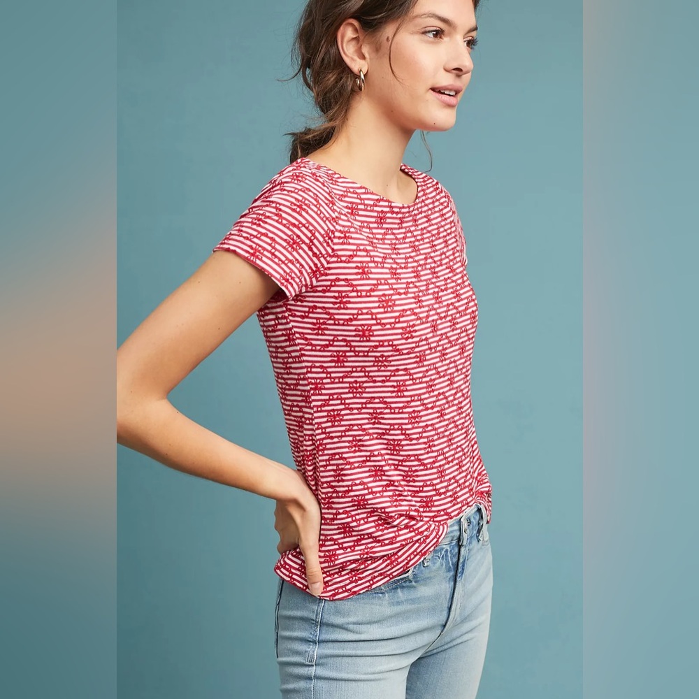 NWT Anthropologie Bennett Knit Tee red and white striped floral pattern size XXS
